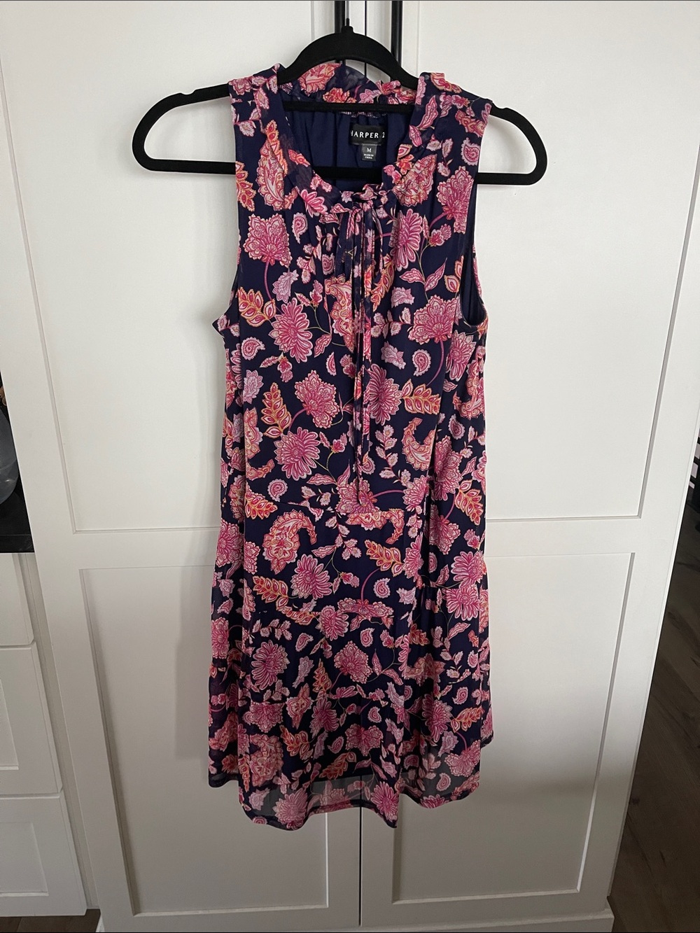 Harper Navy Dress with Pink Floral Tie-Neck